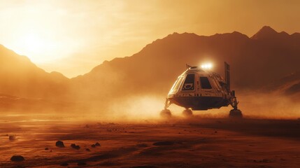 Future Mission: Spacecraft Landing on Red Planet with Majestic Mountains