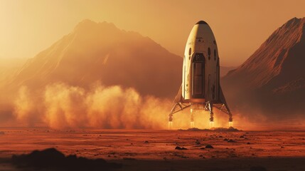 Obraz premium Futuristic Spacecraft Landing on Red Planet Surface with Majestic Mountains in Distance