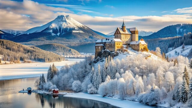 Scenic winter landscape of Orava Castle surrounded by snow-covered trees and frozen Orava Reservoir, with majestic mountains rising in the background.
