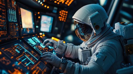 Astronaut Monitoring Satellite Network from Inside Space Station