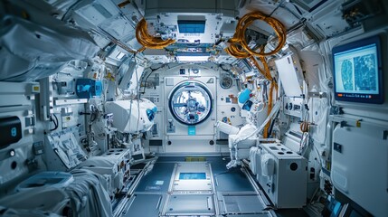 Astronauts Conducting Zero-Gravity Experiments in Space Station Laboratory