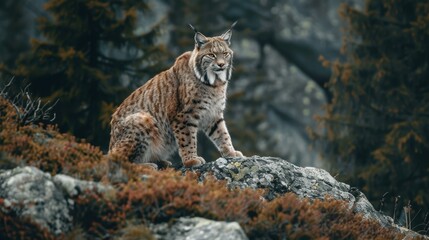 Fototapeta premium A Lynx Perched on a Rocky Outcropping in a Lush Forest
