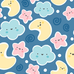 Cute hand drawn baby blue clouds, pastel pink stars, soft yellow moon on a deep blue background. Kids sky seamless pattern.