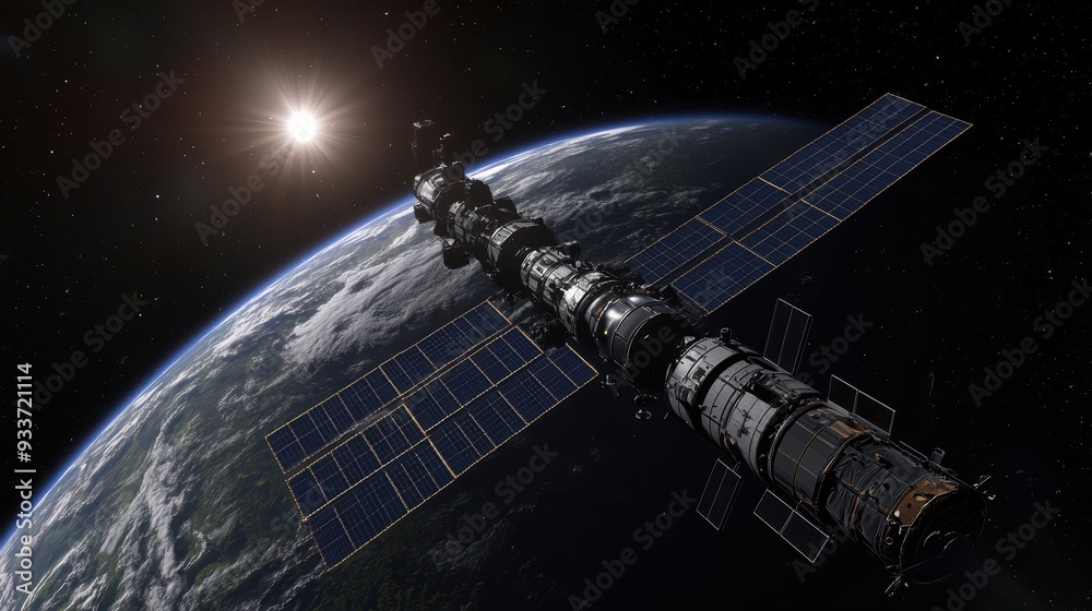 Wall mural futuristic space station orbiting binary star system with extended solar panels