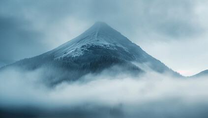 a tranquil dome mountain with layers of fog enveloping its base