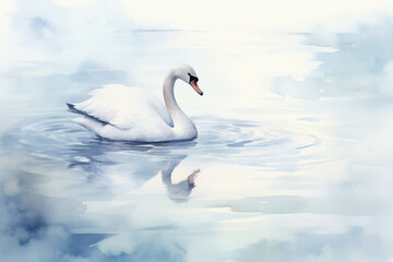 Obraz premium Serene Swan's Reflection: A watercolor painting of a graceful swan gliding on tranquil waters, its pristine white plumage mirrored in the serene blue depths.