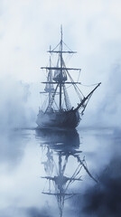 Fototapeta premium Abandoned pirate ship, haunted by spirits, eerie fog, Watercolor style