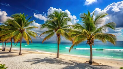 Sunny beach with palm trees and turquoise sea in Cancun, Mexico, paradise, tropical, vacation, summer, beach