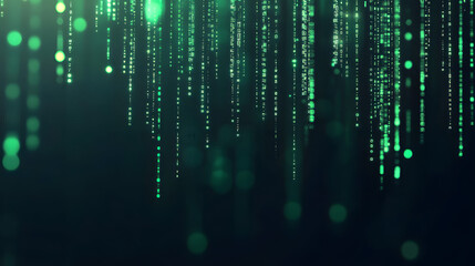 Obraz premium Abstract digital background with green binary code falling down against a dark background.