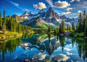 Fototapeta premium Serene alpine lake reflects majestic mountain peaks against a brilliant blue horizon, surrounded by lush greenery and inviting trails for adventurous hikers to explore.