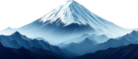 A stylized image of a prominent, snow-capped mountain peak towering above a range of blue-toned ridges.

