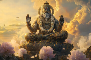 A depiction of Brahma, the Hindu god of creation, shown with his four faces symbolizing his all-seeing nature