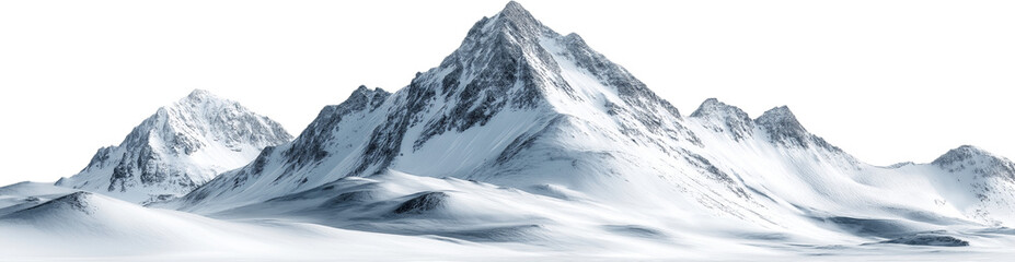 A panoramic view of a snow-covered mountain range with prominent sharp peaks and smooth slopes.
