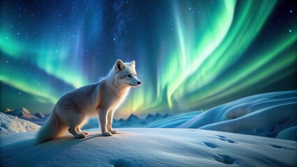Arctic fox gazing at the Aurora in the night sky, beauty, atmosphere, medium shot, natural, wilderness, stars, mesmerizing, Arctic Circle, wildlife, North, ethereal, phenomena