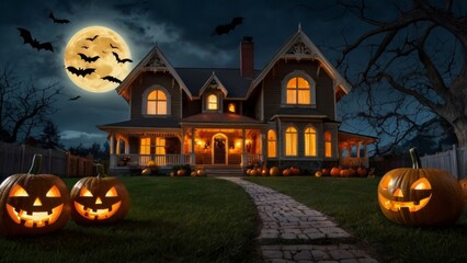 halloween house with pumpkin and bats full moon midnight darkness background