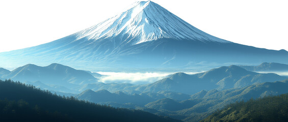 A stylized image of a prominent, snow-capped mountain peak towering above a range of blue-toned ridges.
