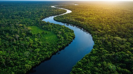 Obraz premium Majestic Aerial View of a Meandering River Cutting Through Lush Rainforest Canopy