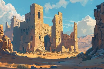 Ruined Stone Citadel in a Desert Landscape