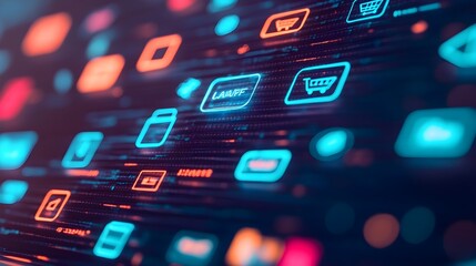 Abstract Digital Interface with Neon Icons