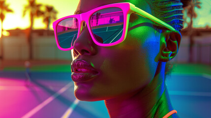 Close-Up Neon Portrait with Sunglasses on Tennis Court