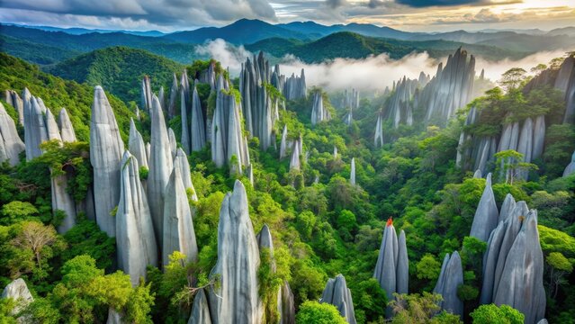 Limestone pinnacles towering over the lush rainforest at Gunung Mulu National Park , limestone, pinnacles, cliffs