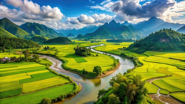 Serene countryside landscape in B&aacute;&raquo;&lsquo; Tr&aacute;&ordm;&iexcl;ch District, Qu&aacute;&ordm;&pound;ng B&Atilde;&not;nh Province, Vietnam, featuring lush green rice fields and meandering rivers under clear blue skies.