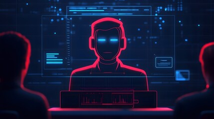 Cybersecurity Expert In Red On Blue Screen