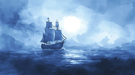 Obraz premium Ghost ship, sailing through a stormy night, spectral glow, Watercolor style