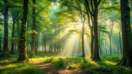 Fototapeta premium Serene forest clearing surrounded by towering trees, dappled sunlight filtering through leafy canopy, with lush green undergrowth and a misty atmosphere.
