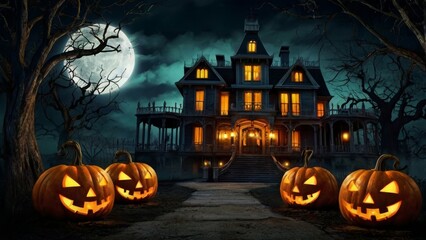 halloween house with pumpkin and bats full moon midnight darkness background
