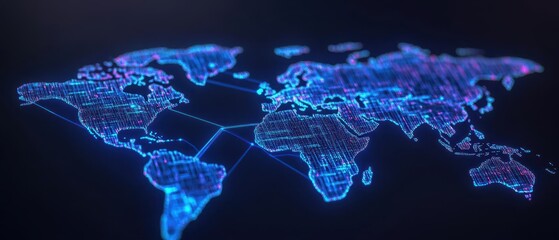 Obraz premium A holographic world map with pulsating blue lines, representing a digital logistic network, set against a dark background, hightech, futuristic