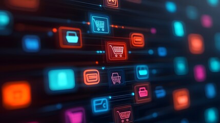 Fototapeta premium Digital Shopping Cart Icons Neon Lights Abstract