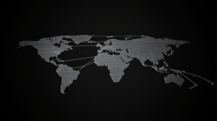 A minimalist world map with clean white lines connecting key cities, set against a black background, modern, sleek design