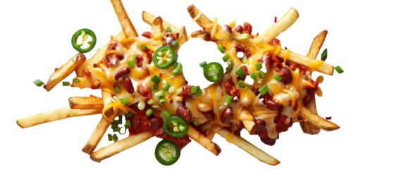 Set of isolated  chili cheese fries with melted cheese and jalapenos  on transparent background. cut flower elements, garden themed designs. Top view high quality PNG." design elements, top view.
