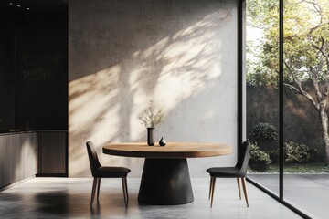 Minimalist Dining Room with Wooden Table and Black Chairs