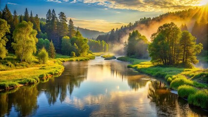 Fototapeta premium Serene horizontal landscape of a winding river with lush green forest banks, illuminated by warm golden sunlight, with a subtle misty atmosphere and clear blue sky.