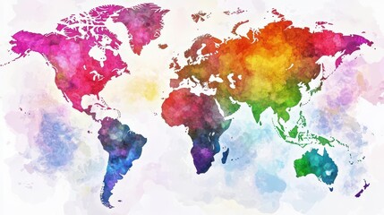 Obraz premium A watercolor splash world map with soft gradients and logistic lines in vibrant colors, abstract, artistic style
