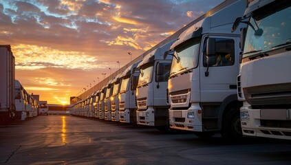 A line of white trucks parked in front of an industrial warehouse at sunset, representing the role and importance of the transportation industry in society Generative AI