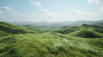 Naklejka premium Green Grassy Hills with Blue Sky and White Clouds - Realistic Landscape Illustration
