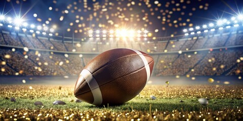 Glistening football on confetti-covered field under stadium lights, Super Bowl, nightfall, football, glistening