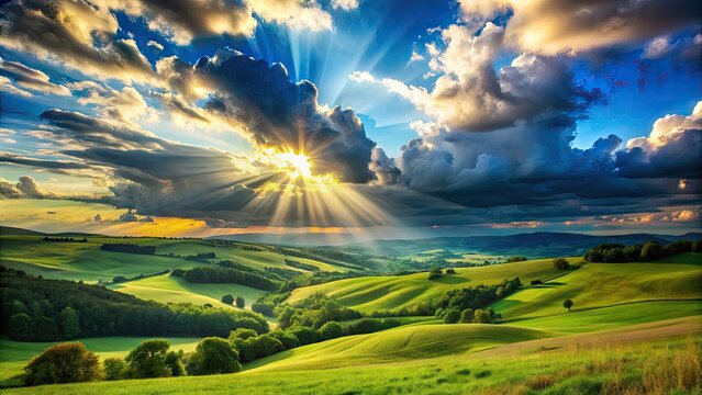 Serene landscape featuring rolling hills, majestic clouds drifting across a brilliant blue sky, with sunbeams casting a warm glow on the lush green terrain.
