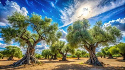 Obraz premium Serene landscape of ancient olive trees with gnarled trunks and silver-green leaves under a bright blue sky with a few wispy clouds.