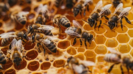 Macro photo of working bees on honeycombs. Beekeeping and honey production image.