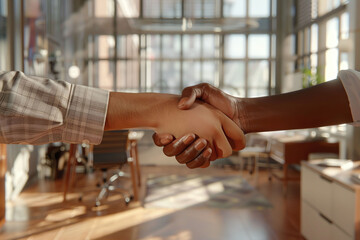 Close-up of a handshake between two people in a modern office setting with a blurred background of windows and furniture. Generative Ai