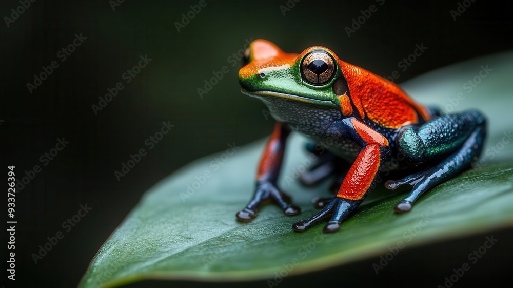 Wall mural close-up of a red and green poison dart frog resting on a leaf with soft bokeh background, hyper-det