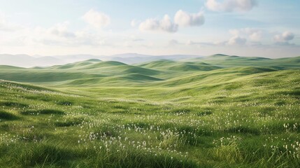 Fototapeta premium Green Grassy Field with Rolling Hills 3D Illustration