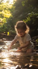 Fototapeta premium A natural light portrait of a child playing by a stream, with sunlight reflecting off the water and illuminating their joyful expression