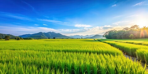 Obraz premium A beautiful rice field with lush green crops under a clear blue sky, agriculture, farm, rural, landscape, paddy, rice paddy
