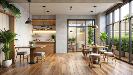 Entrance to a serene cafe with a wooden floor and minimalist decor, cozy, design, entrance, shop, cozy, architecture,cafe, interior, floor, floor, minimalist, modern, calm, minimalist