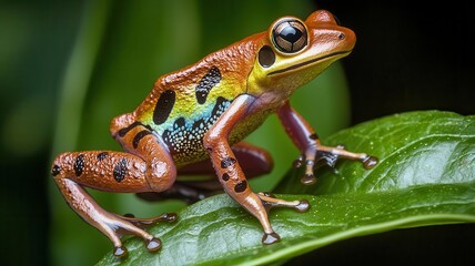 Obraz premium Poison dart frog in mid-leap between two leaves, rainforest background, ultra-detailed, agility and survival in the wild